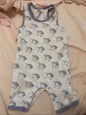 White Unicorn-Print Sleeveless Footie with Lavender Trim
